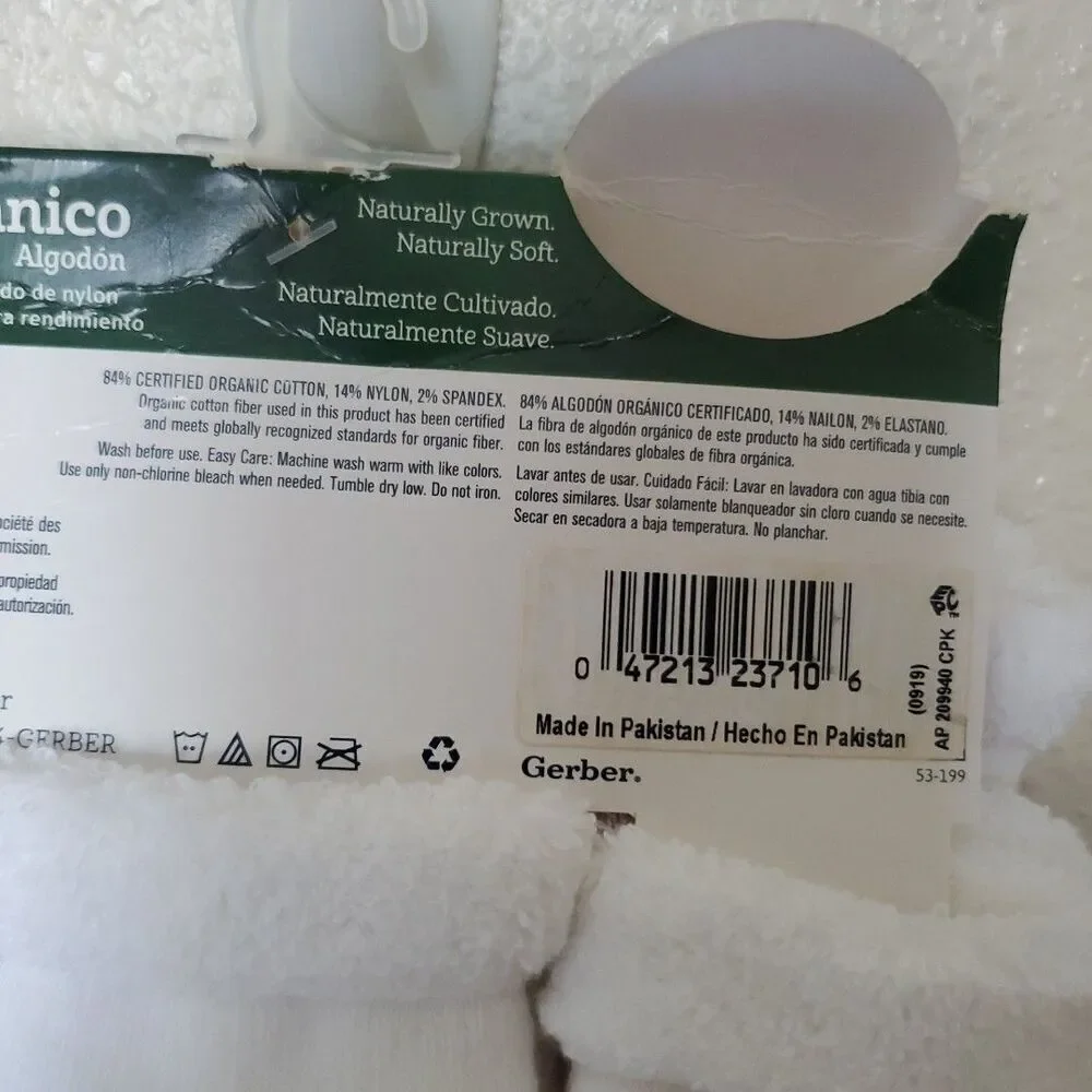 Gerber Baby White Socks Boys & Girls Plush 6 Pack Size 3-6 Months Organic Cotton